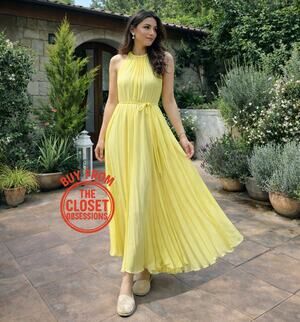 Mango NWT Butter Yellow Pleated Halter Midi Dress 8